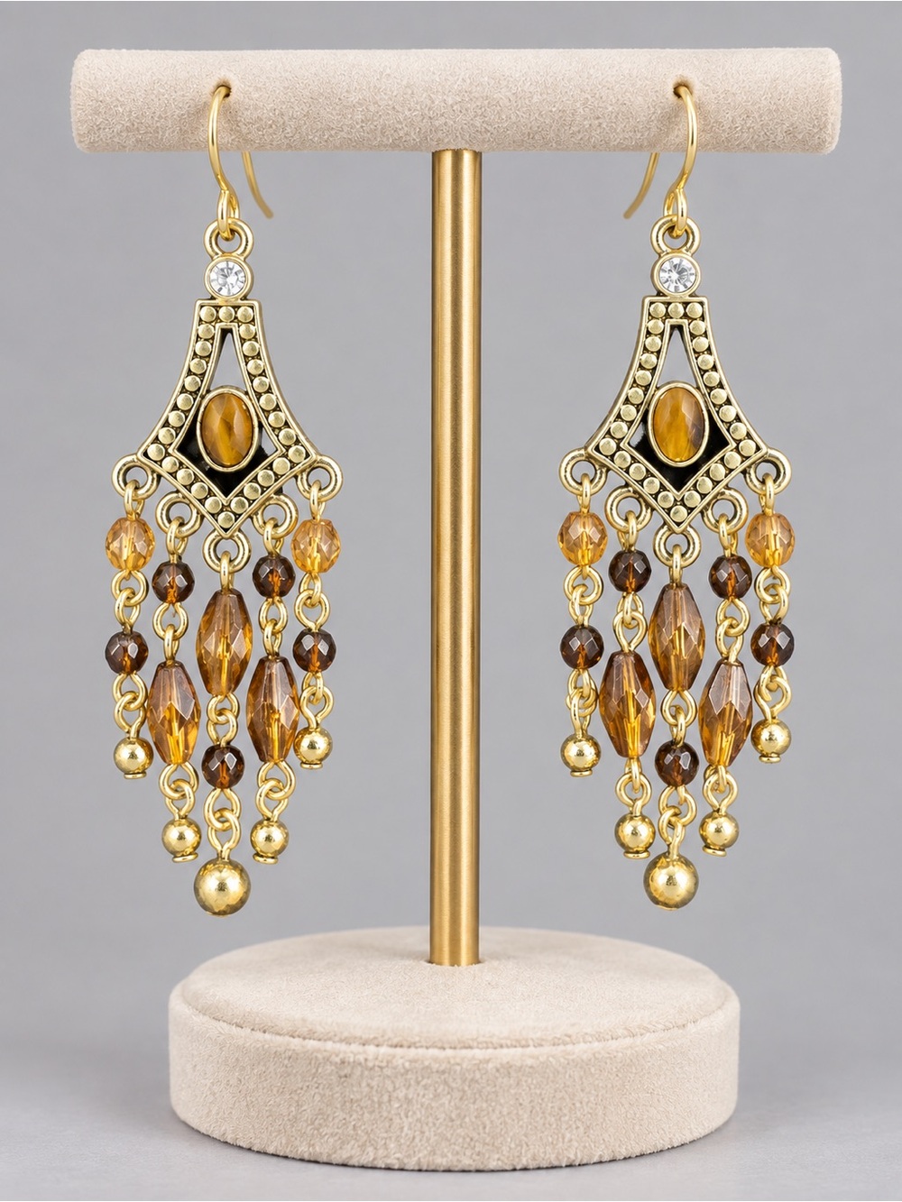 Gold Chandelier Earrings Amber Crystal Glass Bead Statement Dangle Drop